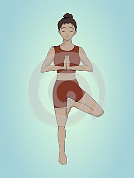 Woman doing yoga, tree pose, vrksasana, illustration