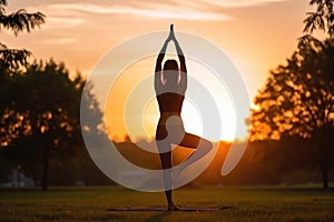 Woman doing yoga by the water in sunset, silhouette. AI Generated