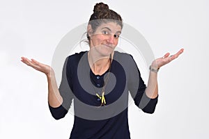 Woman with doubt or confused expression on white background