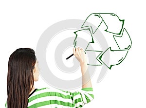 Woman draw recycle recycling sign