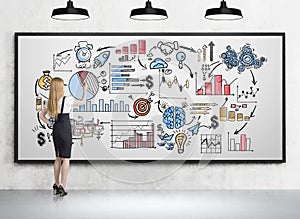 Woman drawing colorful icons on whiteboard