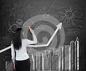 Woman is drawing flowchart of skyscrapers on black chalk board.