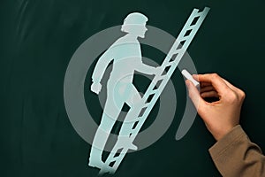 Woman drawing person climbing up ladder on chalkboard, closeup. Steps to success