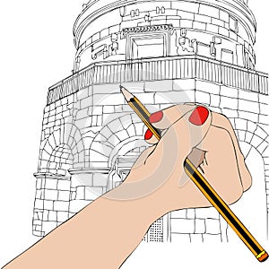 Woman draws the Mausoleum of Theodoric in Ravenna