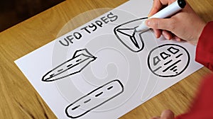 A woman draws various types of UFOs and aliens that she has seen in life.