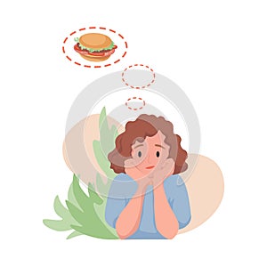 Woman dreaming of hamburger vector flat cartoon illustration. Hungry woman wishing to eat fast food.