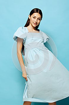 woman dress blue young beautiful model pastel summer studio style fashion