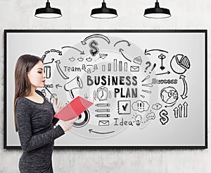 Woman in dress and business plan icons