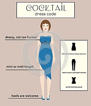 Woman dress code infographic. Cocktail. Female in dressy blue midi dress