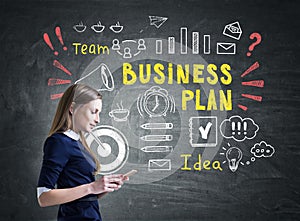 Woman in dress and colorful business plan