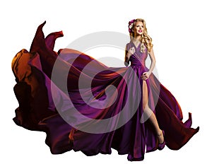 Woman Dress Flying Fabric, Beautiful Fashion Model Purple Gown