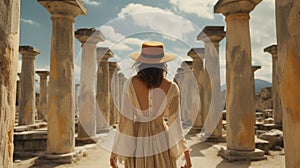 Woman In Dress And Hat: Calming Symmetry In Ancient Ruins photo