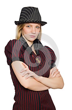 Woman dressed as gangster isolated