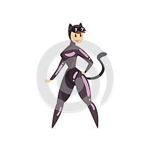 Woman dressed as a superhero cat, funny person at carnival party or masquerade vector Illustration on a white background