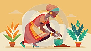 A woman dressed in traditional African attire stooping to sow freedom seeds in a public space honoring her ancestors and