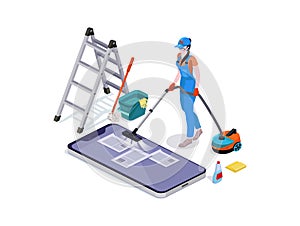 Woman dressed in uniform delete files off from mobiles. cleaning and vacuums, the phone. Professional cleaning service with equipm photo