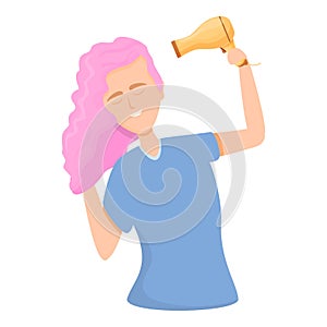 Woman dries hair icon, cartoon style