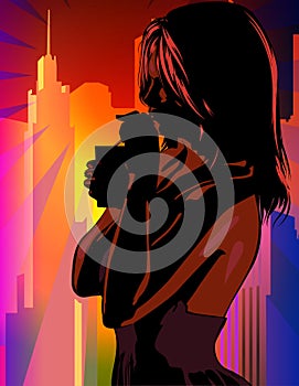 Woman drink cocktail near the window with city view. Evening city. Lockdown. Sunset. Vector image