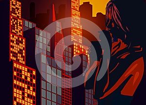 Woman drink cocktail near the window with city view. Evening city. Lockdown. Sunset. Vector image.