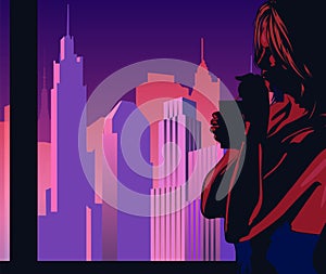 Woman drink cocktail near the window with city view. Evening city. Lockdown. Sunset. Vector image.