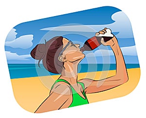 Woman drink water on the beach