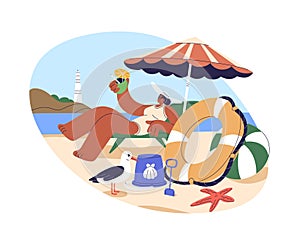 Woman drinking cocktail under umbrella, relaxing on sunbed on beach. Happy girl lying on deckchair at sea resort on