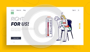 Woman Drinking Water from Bottle, Heat Landing Page Template. Female Look on Thermometer Suffering of High Temperature