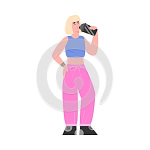 Woman drinking water from fitness bottle cartoon vector illustration isolated.