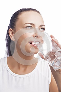 Woman Drinking Water. Isolated On White Background