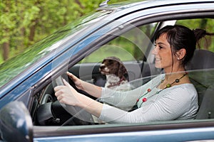 Woman driving car with a dog