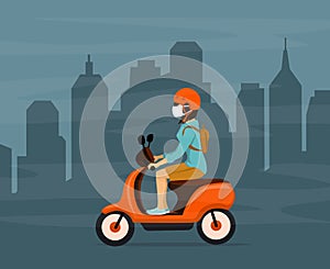 Woman driving electric scooter in city smog wearing protection mask