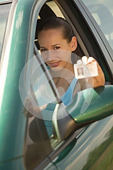 Woman with driving licence photo