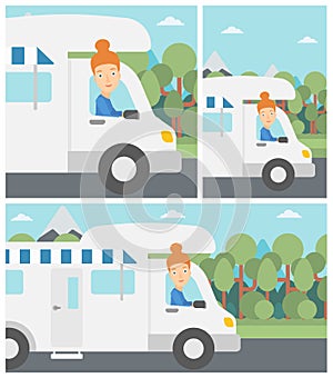 Woman driving motor home vector illustration.