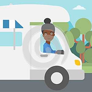 Woman driving motor home vector illustration.