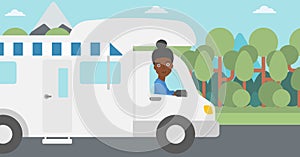 Woman driving motor home vector illustration.