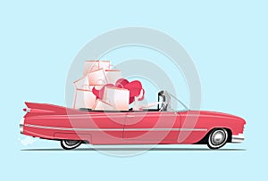 Woman driving a pink cabriolet car with shopping bags at backseats. Happy girl at shopping. Cartoon styled vector illustration