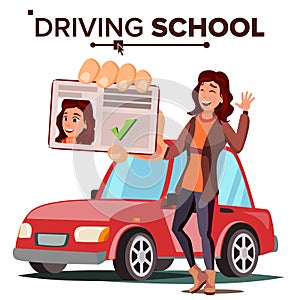 Woman In Driving School Vector. Training Car. Successful Pass Exam. Driving License. Isolated Flat Illustration