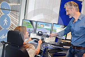 woman in driving simulator