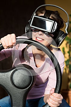 Woman with a driving simulator
