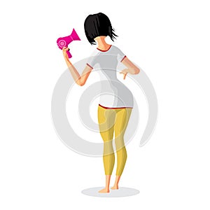 Woman drying her hair with hairdryer. Girl uses a blowdryer. Back view. Flat cartoon vector illustration