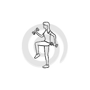 Woman with dumbbells hand drawn outline doodle icon.
