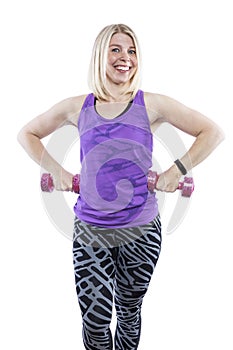 Woman with dumbbells. Pretty smiling blonde. activity and energy. Isolated on white background. Vertical