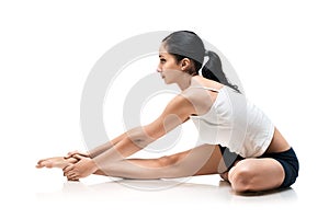 Woman in dzany sirshasana yoga position