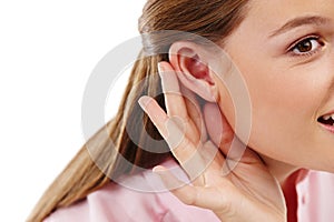 Woman, ear and listening to gossip, rumour and gesture as spy to hear serious whispers in secret. Curious, female person