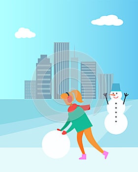 Woman in Earphones Make Snowman with Bucket Vector