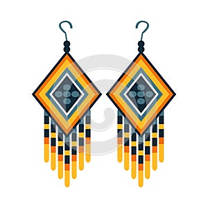 Woman Earrings With Beads, Native American Indian Culture Symbol, Ethnic Object From North America Isolated Icon