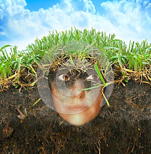 Un trozo de hierba en la parte superior de la observación de los ojos que miraba desde el suelo con las raíces expuestas.