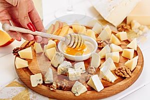 Woman Eat Big Italian Cheese Board Gourmet Food