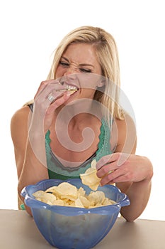 Woman eat chips from bowl