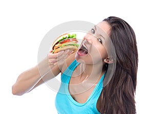 Woman eat fast food unhealthy burger